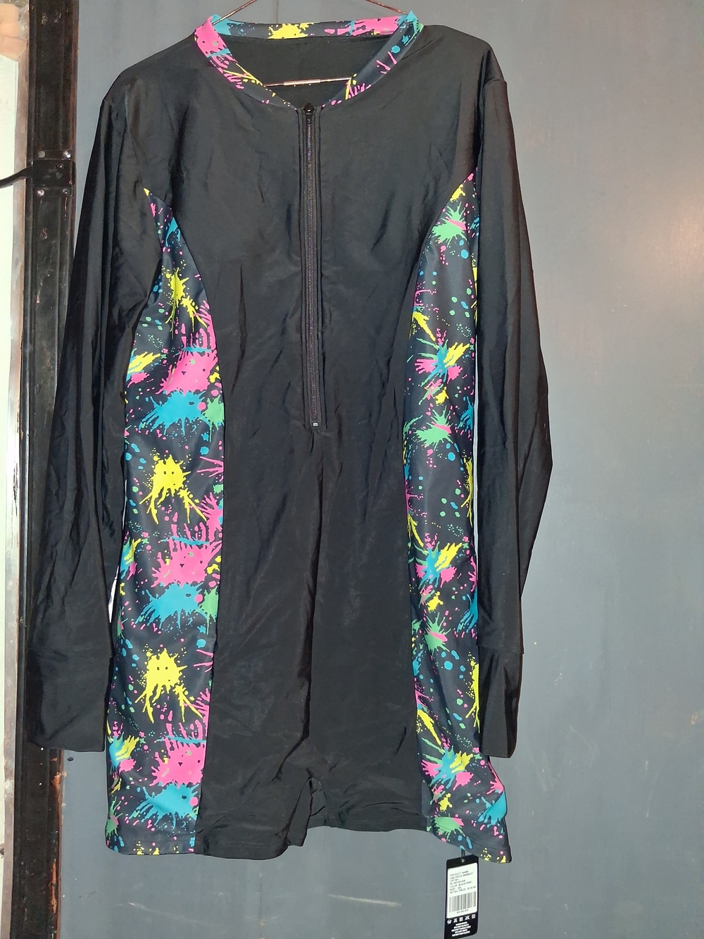 Women's Black Long-Sleeve Rash Guard with Neon Paint-Splash Panels